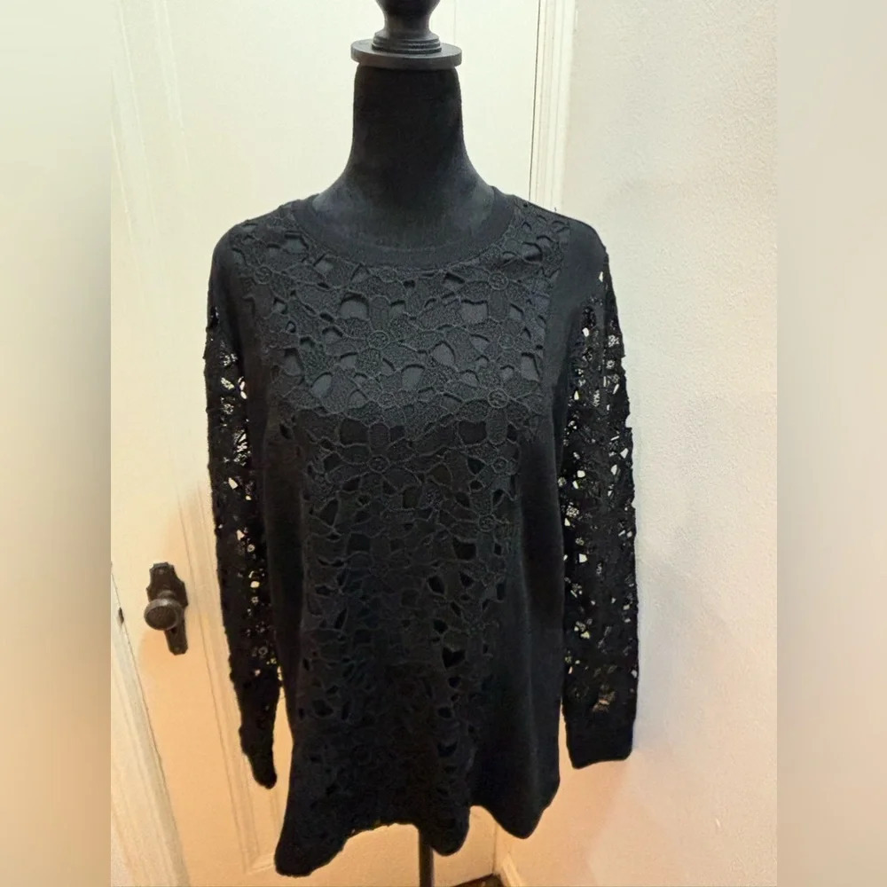 Lane Bryant Black Lace Floral Embroidered Long Sleeve Sweater Womens 14/16